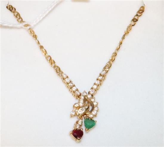 18ct gold and diamond necklace with small ruby and emerald heart pendants